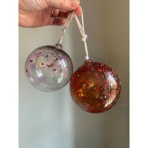 Hand Blown Glass Christmas Ornaments Large Red & Orange Bauble Set Of 2